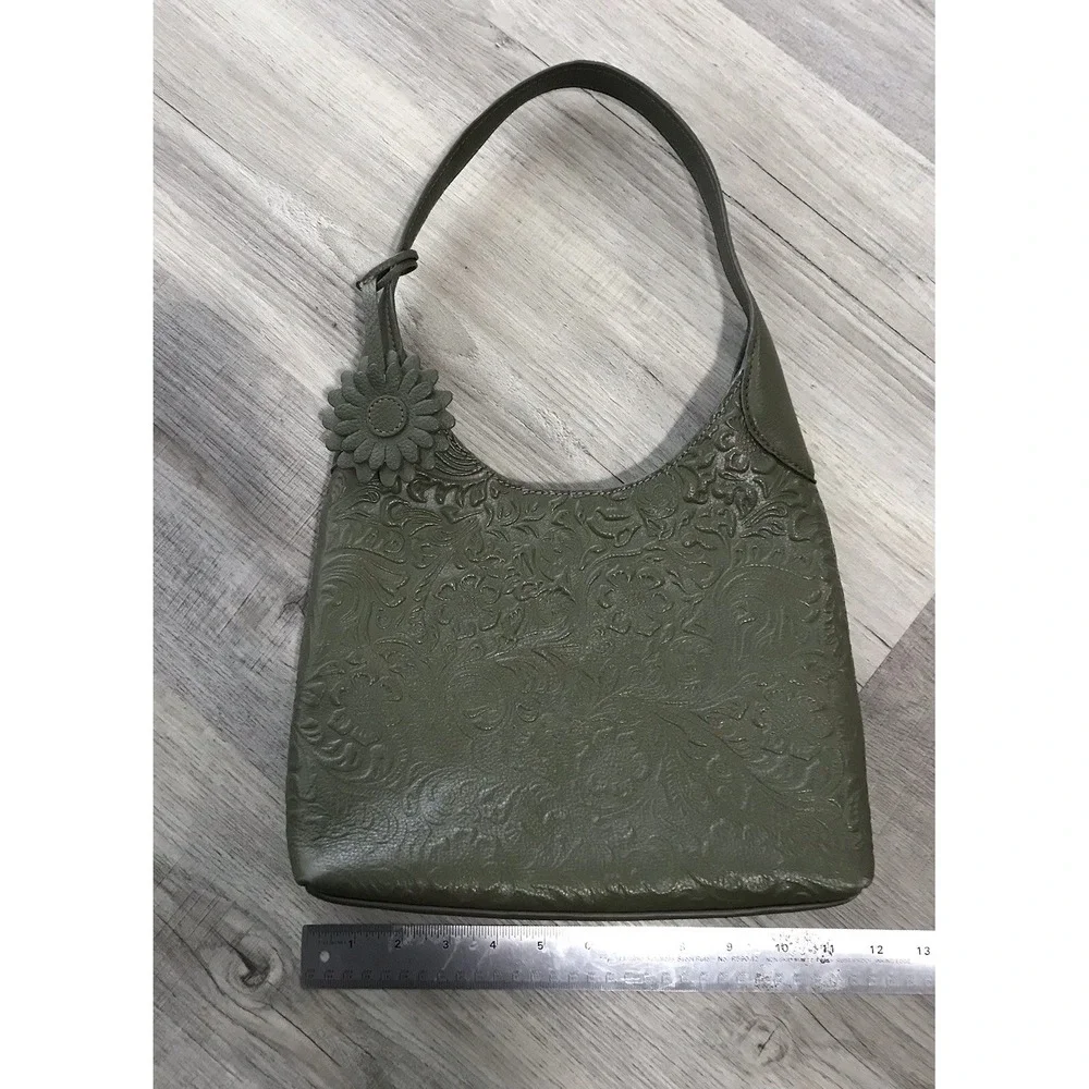Shoulder Bag Tooled 100% Olive Green Leather Purse Handbag Made in India